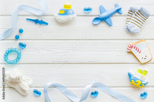 Blue theme it is a boy baby sower party accessories, top view