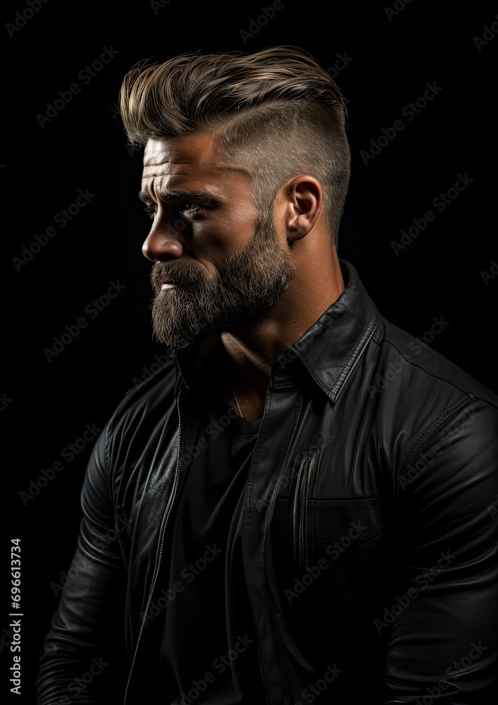 handsome brutal man with a beard, profile photo, studio portrait, barbershop, fashion, haircut, barbershop, biker, courageous, person, people, personal care, black background