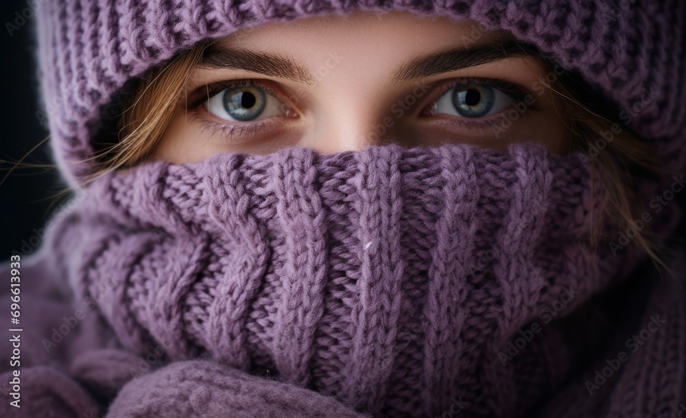 Generative AI image of young woman in warm covering her face with warm sweater