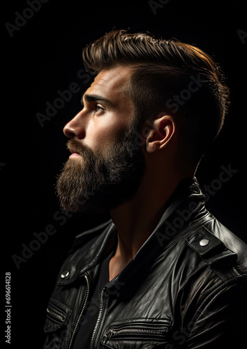handsome brutal man with a beard, profile photo, studio portrait, barbershop, fashion, haircut, barbershop, biker, courageous, person, people, personal care, black background