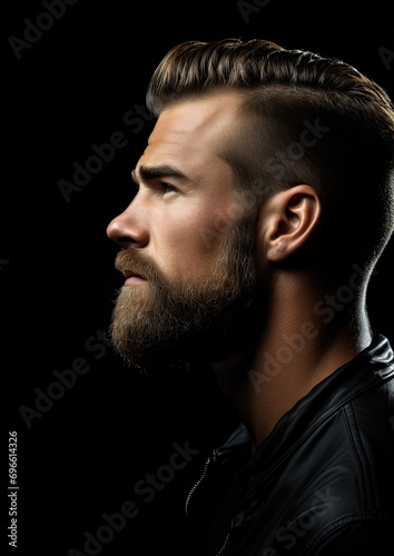 handsome brutal man with a beard, profile photo, studio portrait, barbershop, fashion, haircut, barbershop, biker, courageous, person, people, personal care, black background