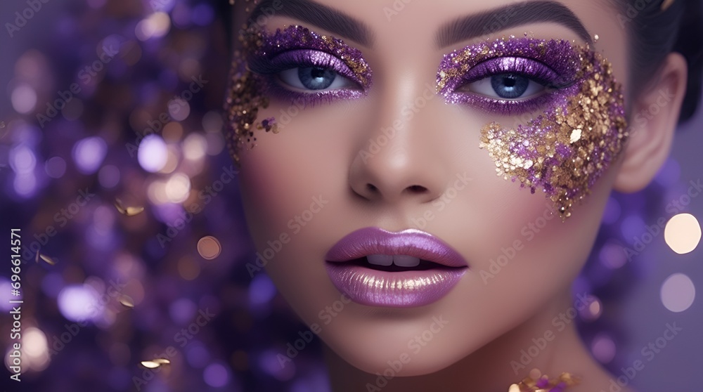 Gold glitter makeup, dazzlingly vibrant and irresistibly shimmering against a deep, sparkling lilac background
