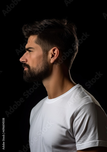 stylish young guy with a neat short beard in a white T-shirt in profile on a black background, beautiful studio light, barbershop, fashion, haircut, hairdresser, biker, courageous man, person