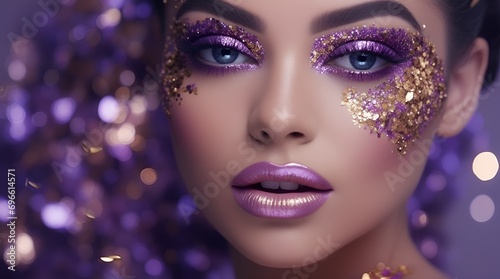 Gold glitter makeup, dazzlingly vibrant and irresistibly shimmering against a deep, sparkling lilac background