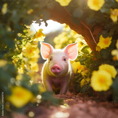 Porco rosa em um túnel de flores amarelas com a luz difusa do sol em um jardim de primavera - Papel de parede