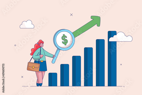 Wages growing concept. Revenue or salary increase, growth investment profit or earning from stock market, money, businesswoman with magnifying glass on dollar money sign with growth graph and chart.
