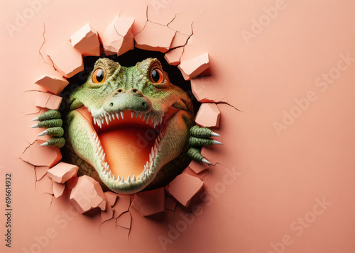 3d illustration of a funny crocodile sticking its head  through a hole in the wall © clearviewstock
