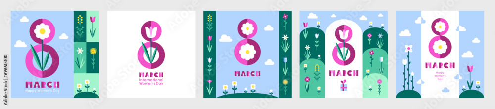 8 March, International Women's Day vector greeting cards set, collection. Square shape. Simple spring stylized flowers. Modern trendy flat minimalist geometric style, bright colors illustrations.  - obrazy, fototapety, plakaty 