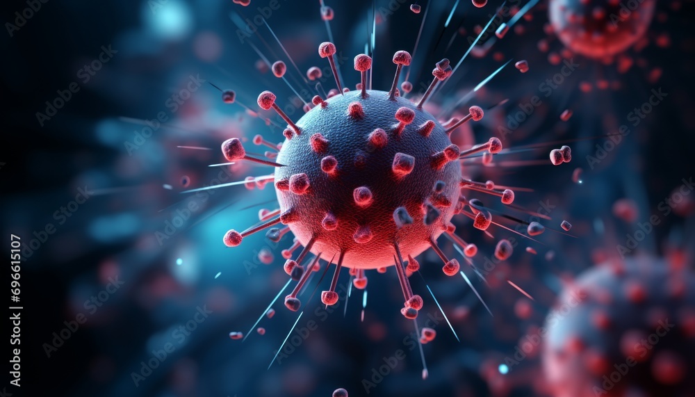 Close up of flu covid 19 virus cell on abstract coronavirus covid 19 outbreak influenza background - obrazy, fototapety, plakaty 