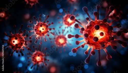 Flu covid 19 virus cell on dark blue background during coronavirus outbreak and influenza pandemic photo
