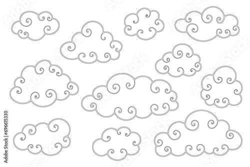 Set of linear sketches, cloud coloring pages. Vector graphics.