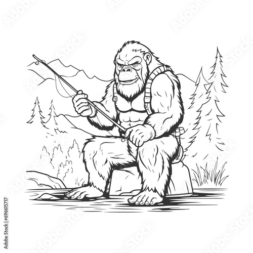 Bigfoot Fisher Illustration Clip Art Design Shape. Fishing Silhouette Icon Vector.