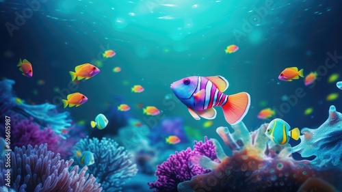 Colorful tropical fish swimming among vibrant coral reefs