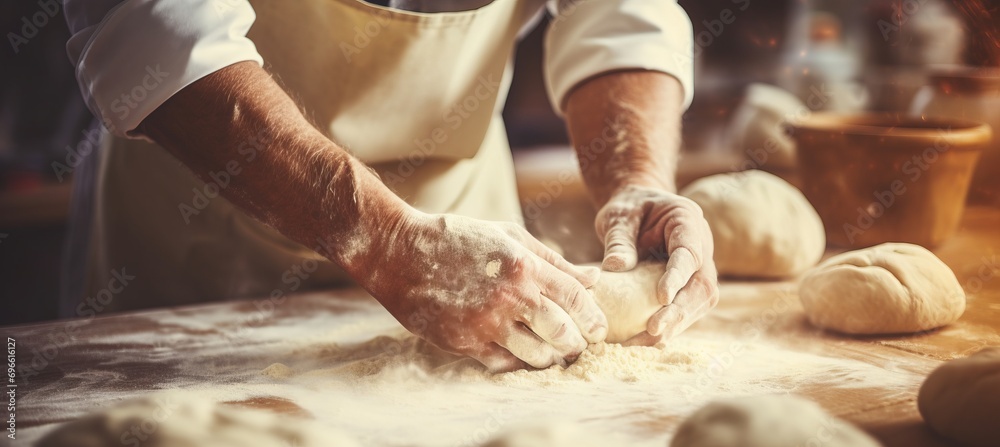 Skilled baker kneading dough in bakery with defocused background, ample text space, bright photo