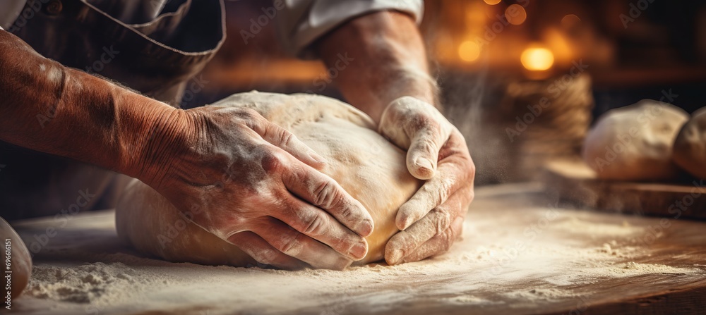 Talented baker kneading bread dough in bakery   blurred background with text space   vibrant photo
