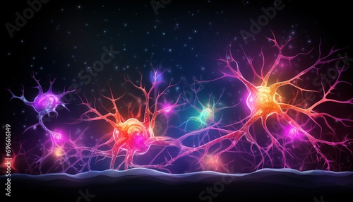Detailed illustration of human brain and neuron cells with intricate anatomy and structure