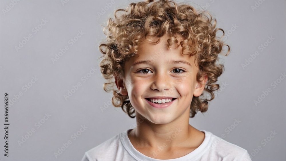 Smiling cute little russian boy with curly hair, gray background, can be used for portrait studio shoot and advertising Smiling cute little russian boy with curly hair, gray background, can be used for portrait studio shoot and advertising