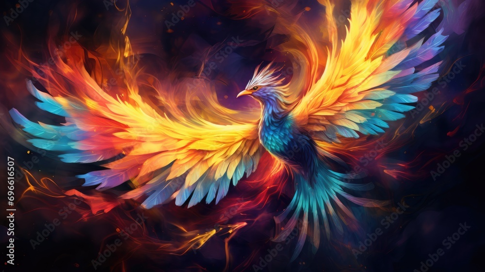 A vibrant, artistic rendition of a phoenix in flight A vibrant, artistic rendition of a phoenix in flight