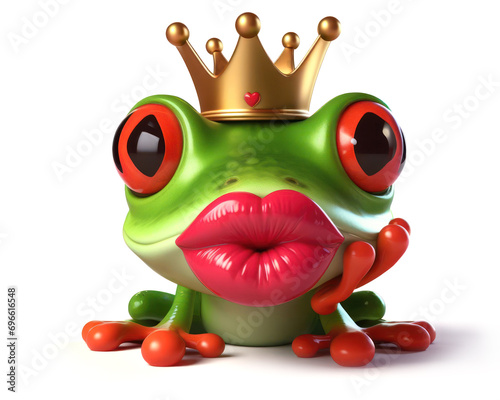 3d illustration of a funny red eyed tree frog with a crown waiting for a kiss on valentines day
