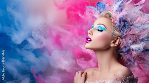 Slim screaming woman in carnival mask on pastel background with copy space, studio shot © Ilja