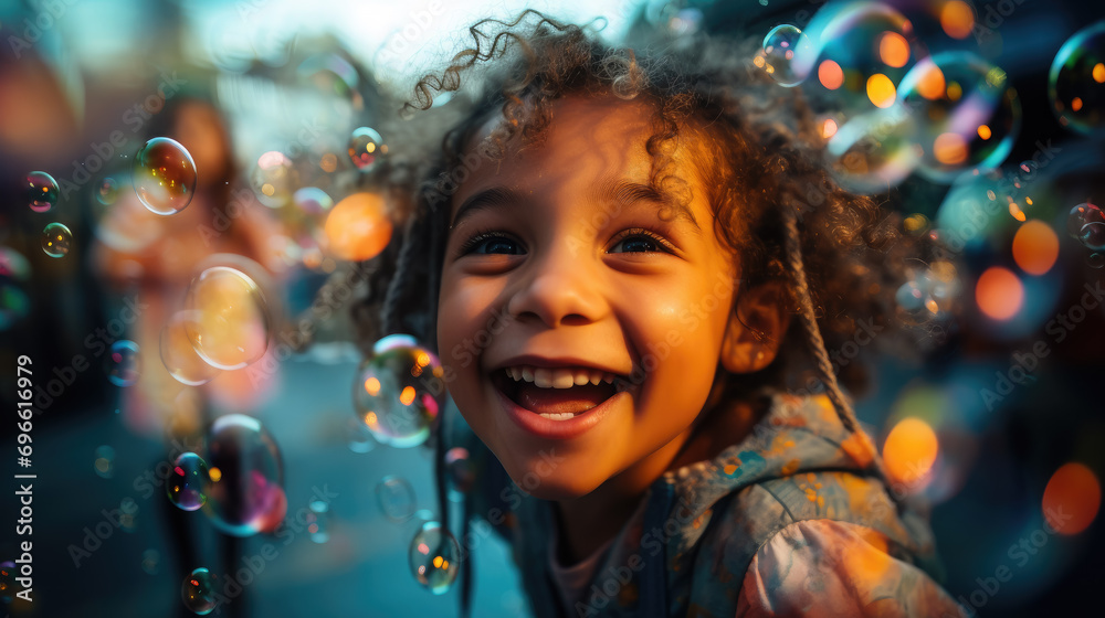 soap bubble show at a children's birthday party, happy child, kid, portrait, emotional face, holiday, play a game, disco, childhood, fun, park, boy, girl, smile, blurred background - obrazy, fototapety, plakaty 
