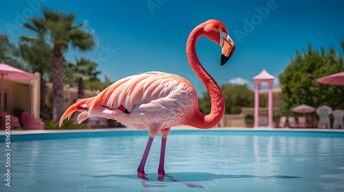 Minimal summer concept of tropical exotic animal, pink flamingo standing in front of the pool. Palm tree in background. A warm sunny day.