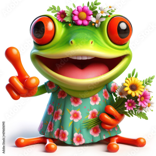 great 3d illustration of a funny red eyed tree frog wearing a dress with flowers