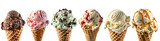 Set of waffle cones holding various scoops of ice cream, Isolated on Transparent Background, PNG