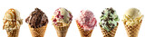 Set of diverse scoops of ice cream in waffle cones, Isolated on Transparent Background, PNG