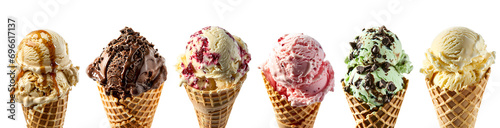 Set of diverse scoops of ice cream in waffle cones, Isolated on Transparent Background, PNG
