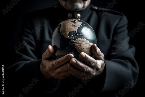 A commanding figure in a military uniform holding an Earth globe, symbolizing strategic power and global leadership