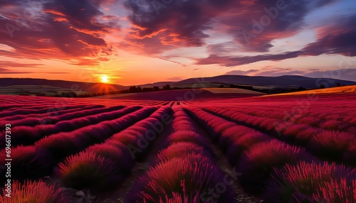 Breathtaking panoramic view of a stunning lavender field at sunset in a picturesque landscape
