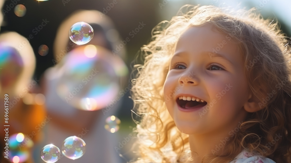 Fototapeta premium soap bubble show at a children's birthday party, happy child, kid, portrait, emotional face, holiday, play a game, disco, childhood, fun, park, boy, girl, smile, blurred background