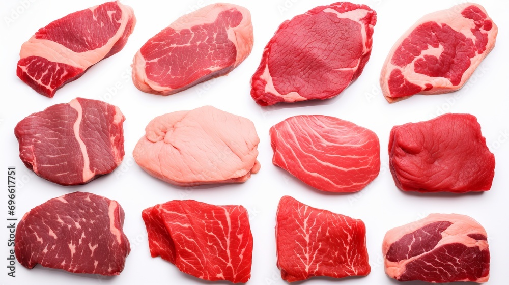 Assorted raw steaks collection in various cuts and types, top view, isolated on white background Assorted raw steaks collection in various cuts and types, top view, isolated on white background
