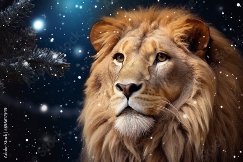 Very beautiful lion close-up, Christmas, snow, moon stars, garland, Christmas tree with generative ai