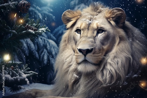 Very beautiful lion close-up, Christmas, snow, moon stars, garland, Christmas tree with generative ai