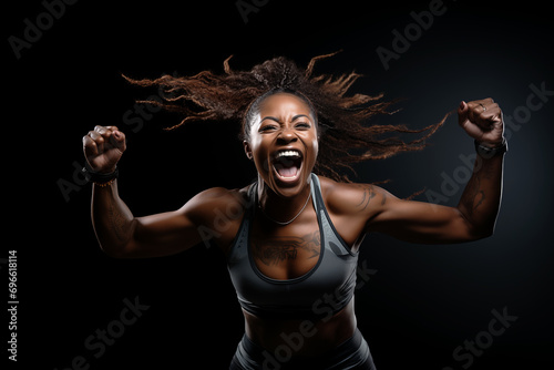 Pretty dark-skinned athletic young woman cheers while doing sports