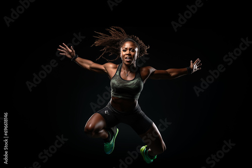 Pretty dark-skinned athletic young woman cheers while doing sports