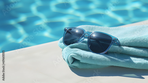 Towel and sunglasses at the edge of the pool. Minimal tropical summer scene concept.