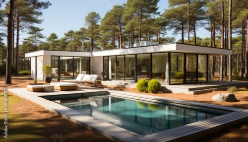 Exquisite modern white house with a refreshing pool surrounded by the lush greenery of the forest