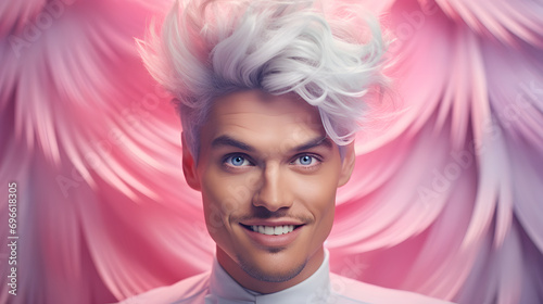 Portrait of a fashionable man with blue eyes. Crazy hairstyle. Fashion concept.