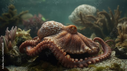 Underwater predator: the octopus hunts for its next meal in the deep sea