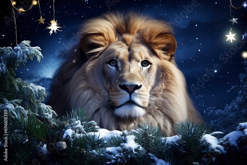 Very beautiful lion close-up  Christmas  snow  moon stars  garland  Christmas tree with generative ai