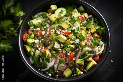 Colorful avocado salad with cherry tomatoes, cucumber, and lettuce in bowl   top view