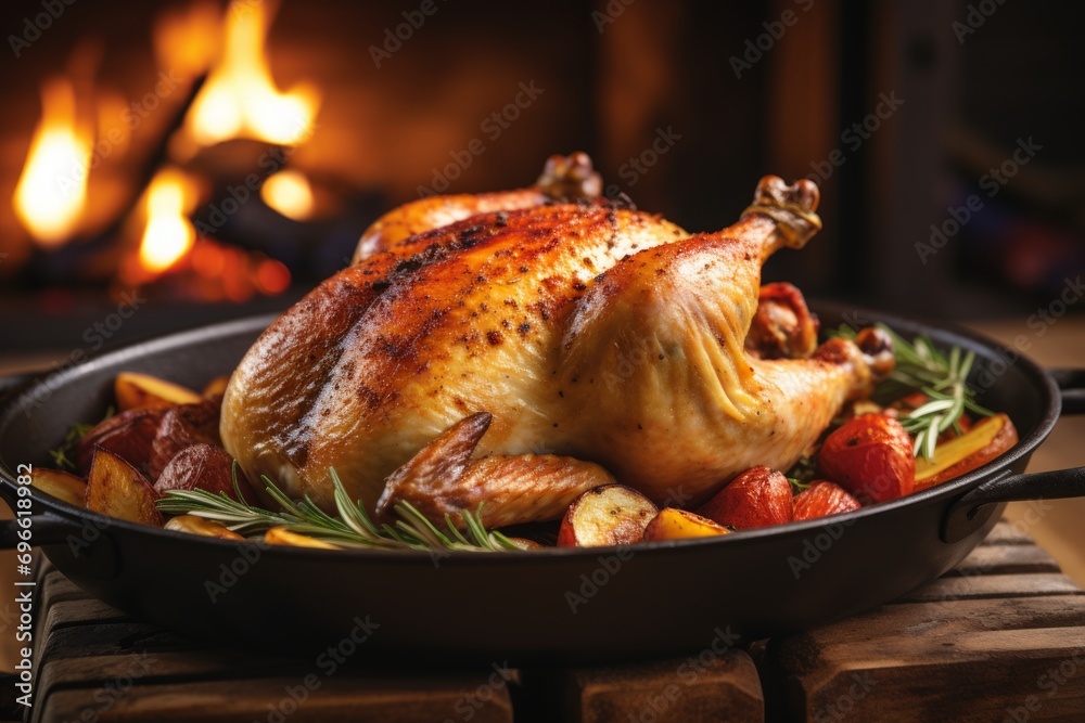 Juicy and flavorful roast chicken cooking in a sizzling pan, creating a mouthwatering aroma Juicy and flavorful roast chicken cooking in a sizzling pan, creating a mouthwatering aroma