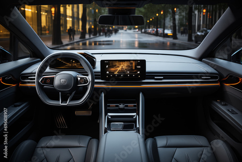 dashboard of a super luxury electric car with view through the windscreen on a city street © Christian Müller