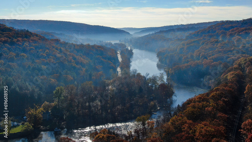 Drone view of a river valley in fall