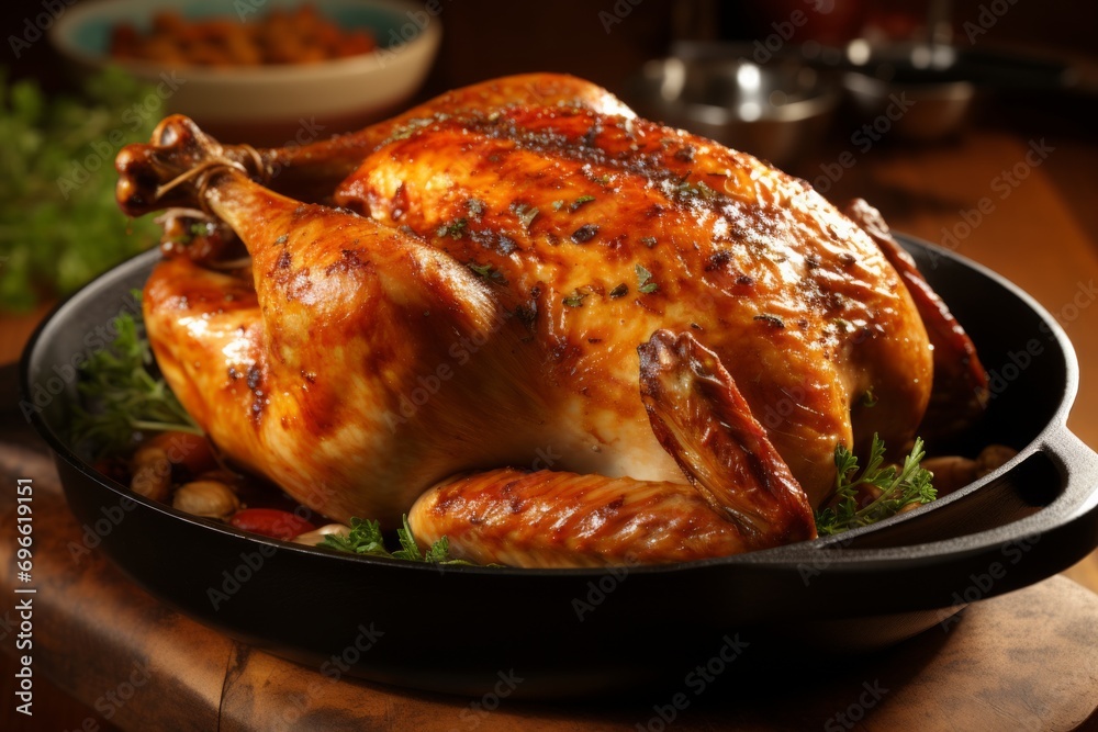 Savory and succulent roast chicken with crispy skin, perfectly cooked in a sizzling pan