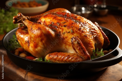 Savory and succulent roast chicken with crispy skin, perfectly cooked in a sizzling pan