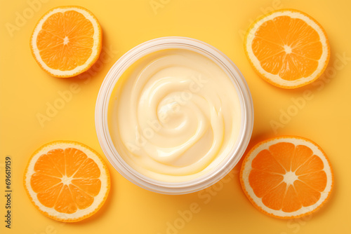top view of a jar of vitamin C face cream on a yellow background and sliced oranges